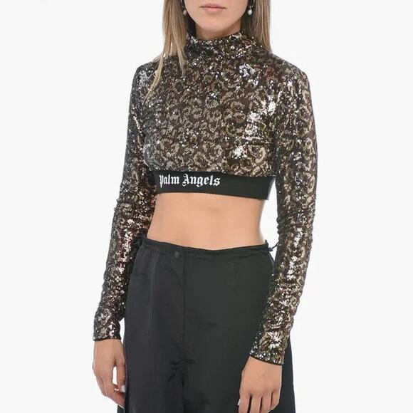 NWT Palm Angels Leopard Sequined Mockneck Crop Top Size XS - Picture 1 of 7